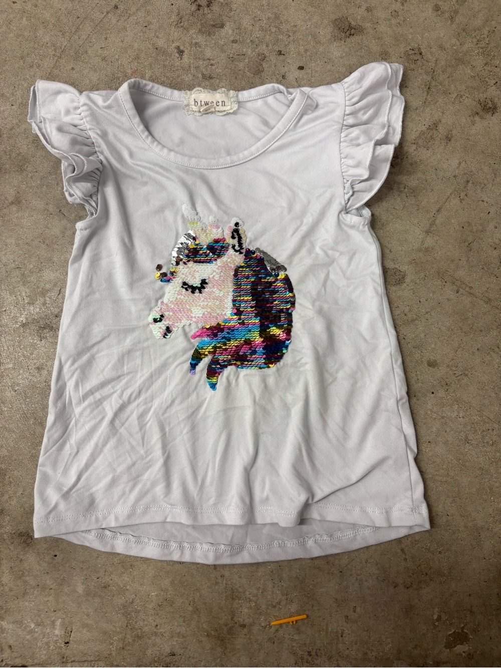 btween Girls White Sequin Unicorn Graphic Ruffle Sleeve T-Shirt S